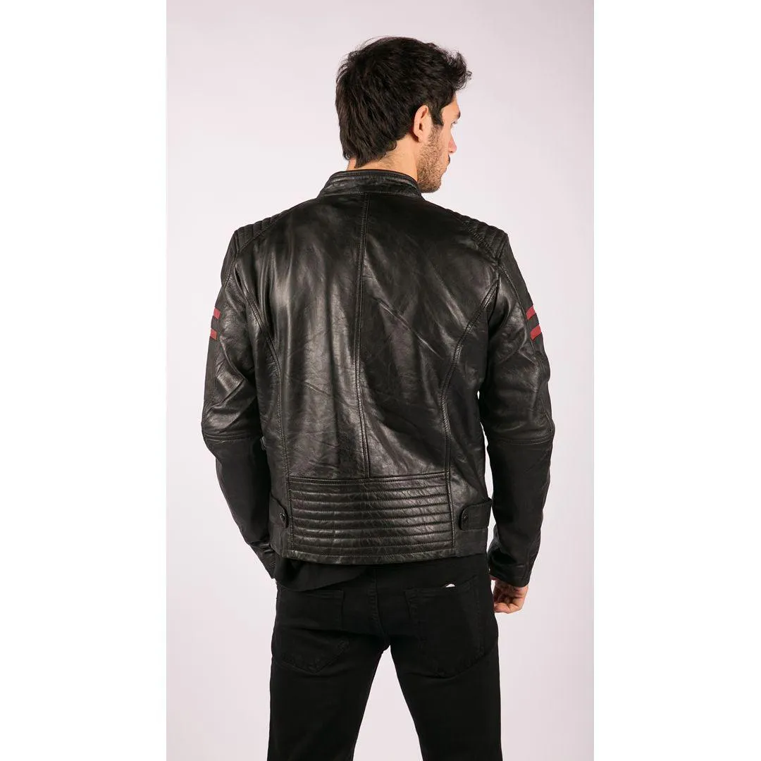 Mens Real Leather Biker Racing Jacket Red Stripes Zip Retro Casual Black Short