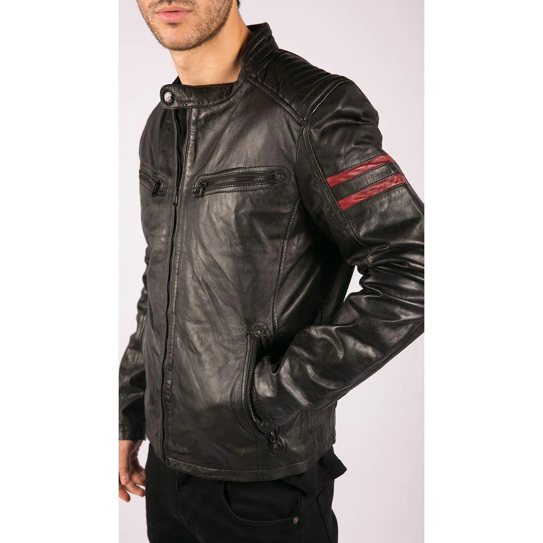 Mens Real Leather Biker Racing Jacket Red Stripes Zip Retro Casual Black Short