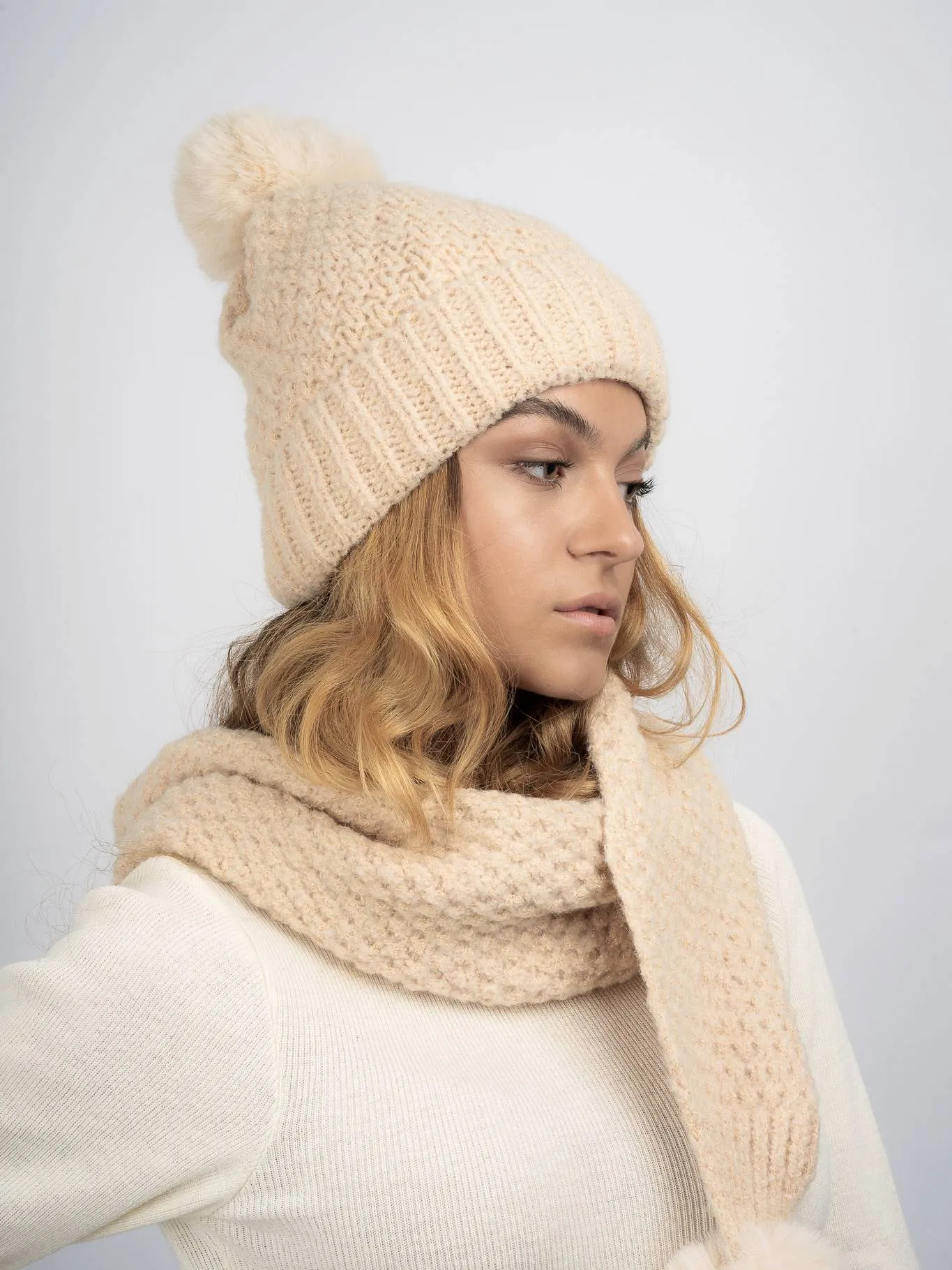 Millie Fleece Lined Beanie & Scarf Set - Cream