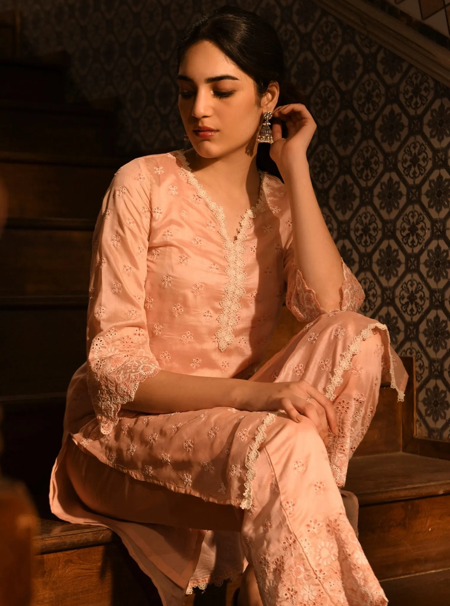 Mulmul Chanderi Ray Pink Kurta With Mulmul Chanderi Ray Pink Pant