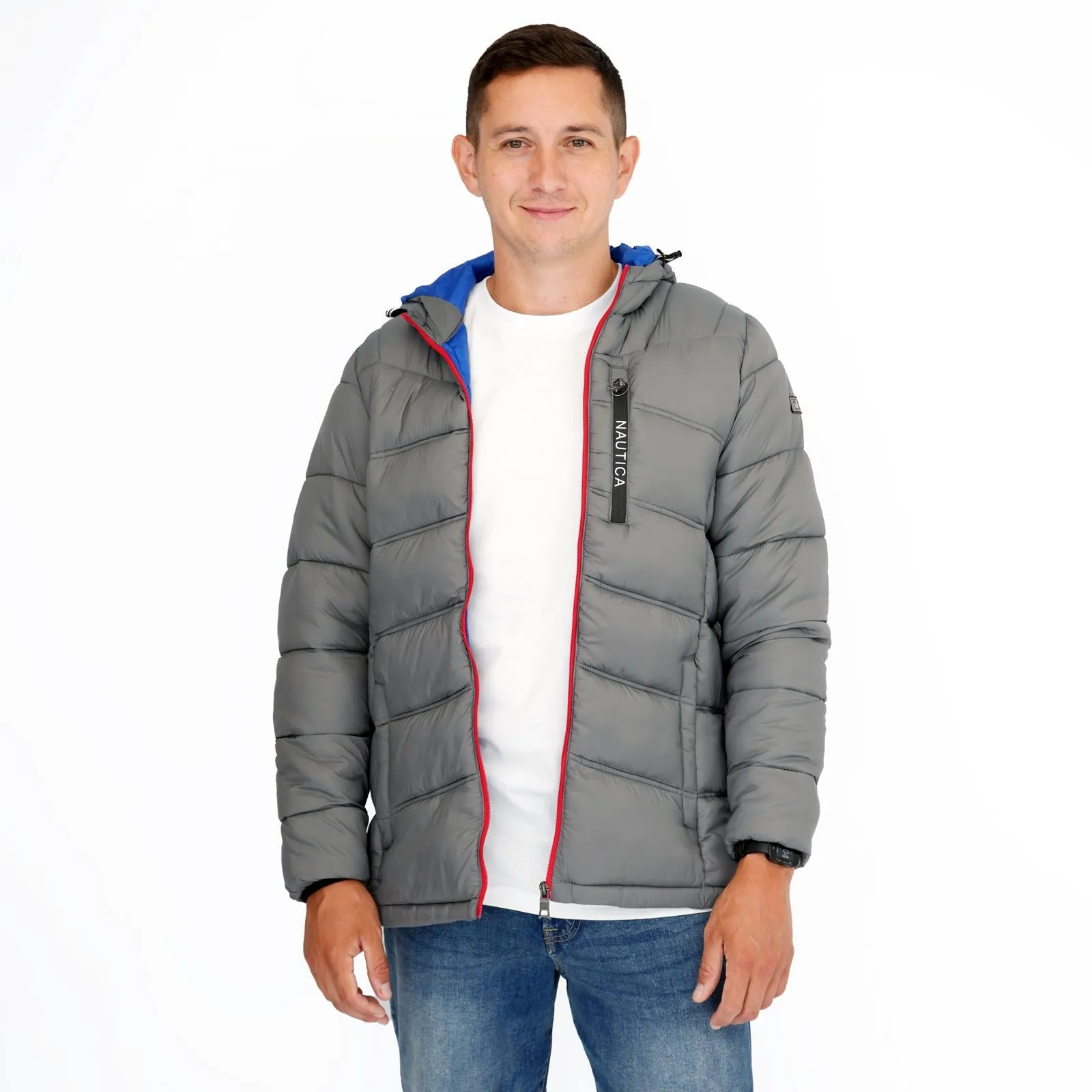 Nautica Mens Performance N83 Hooded Puffer Jacket Grey