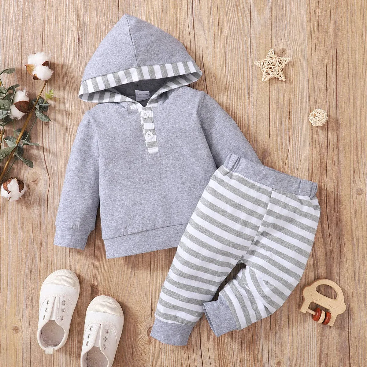 Pat Pat 2-piece Baby GirlBoy Striped Button  Sweatshirt   Pants Set