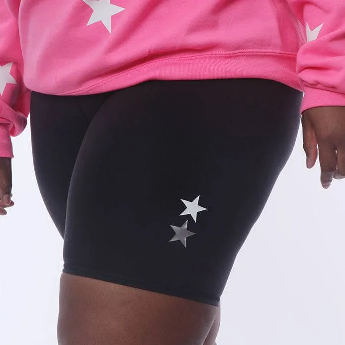 PLUS Size Sofia Chic Black Biker Shorts - Metallic Silver Stars