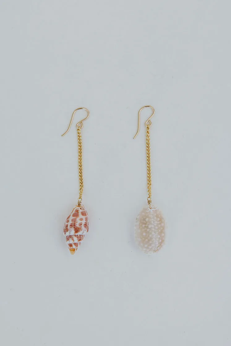 Shell Drop Chain Earrings | Granulated Cowrie Shell   Miter Shell