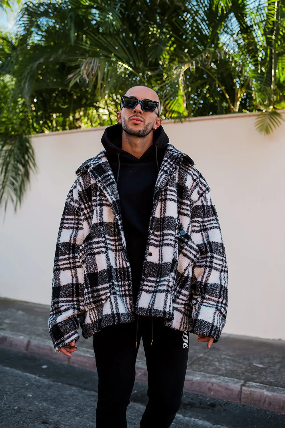 Split Check Borg Jacket - Black/White