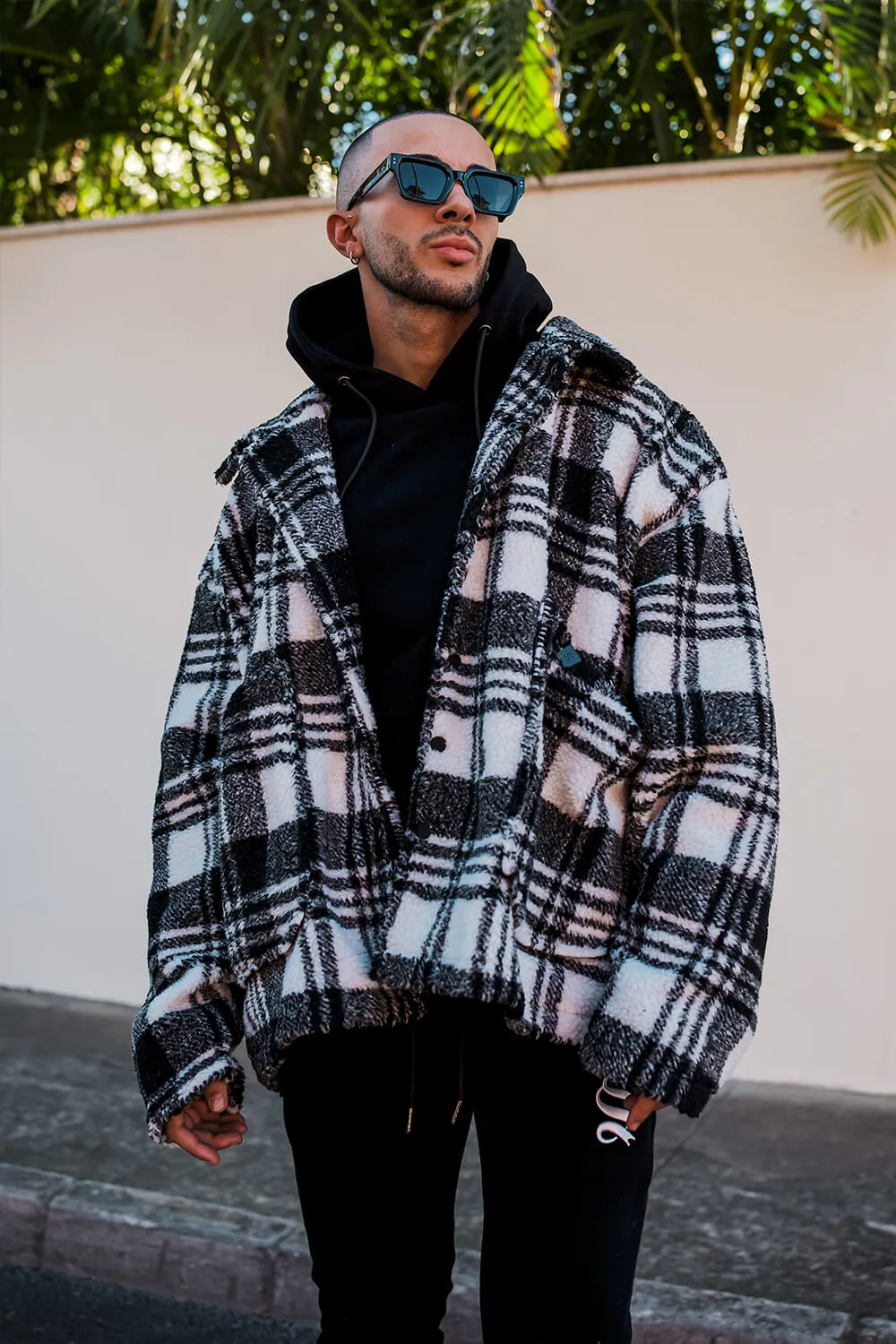 Split Check Borg Jacket - Black/White