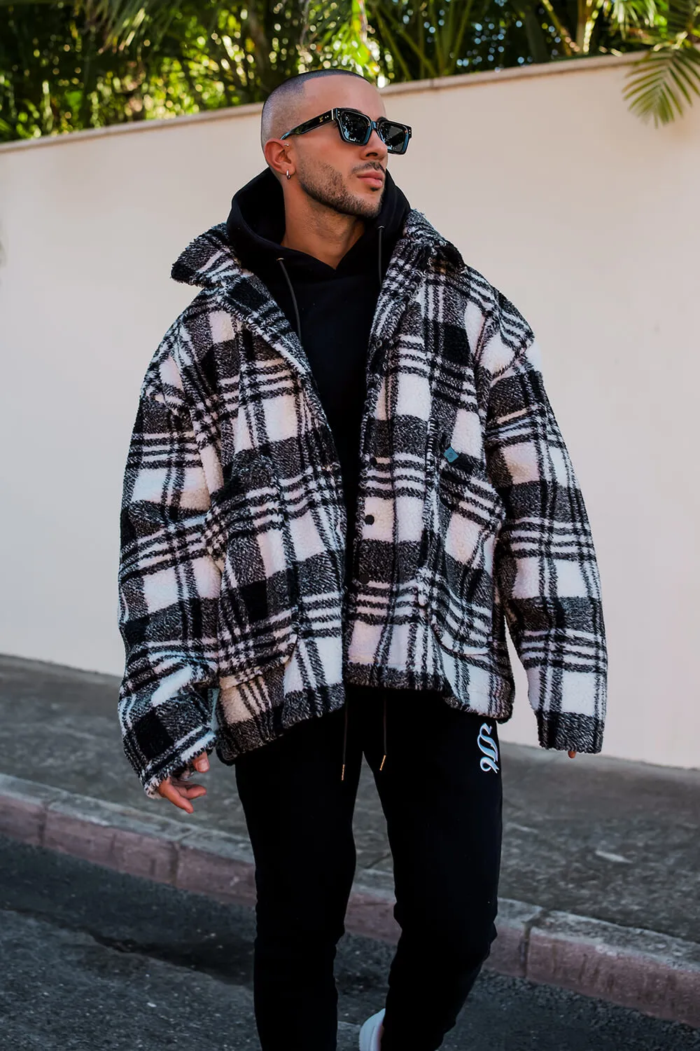 Split Check Borg Jacket - Black/White