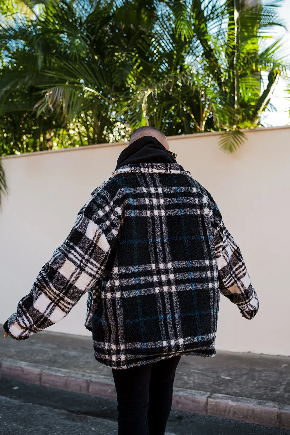 Split Check Borg Jacket - Black/White