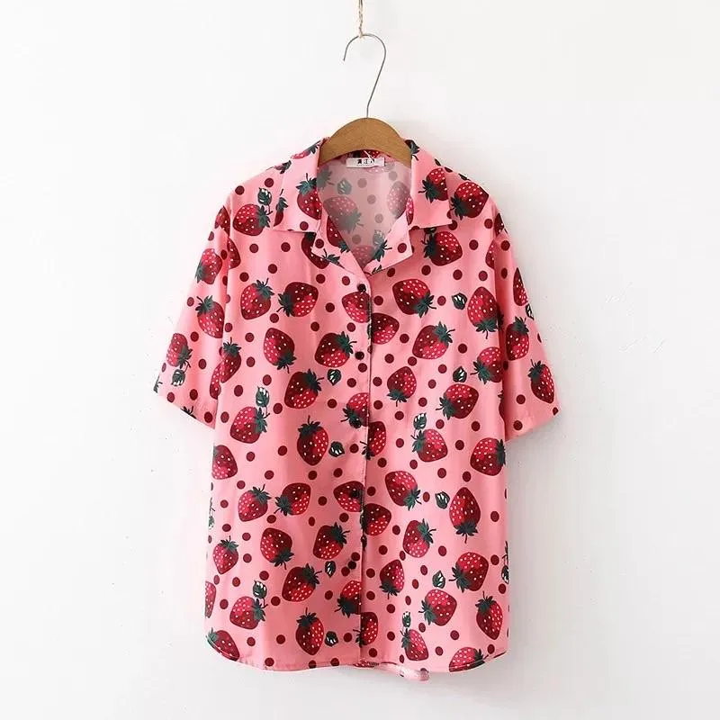 Strawberry Print Button-Up Shirt 🍓