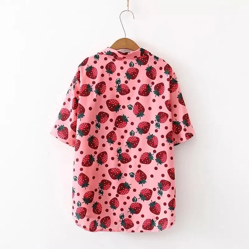 Strawberry Print Button-Up Shirt 🍓