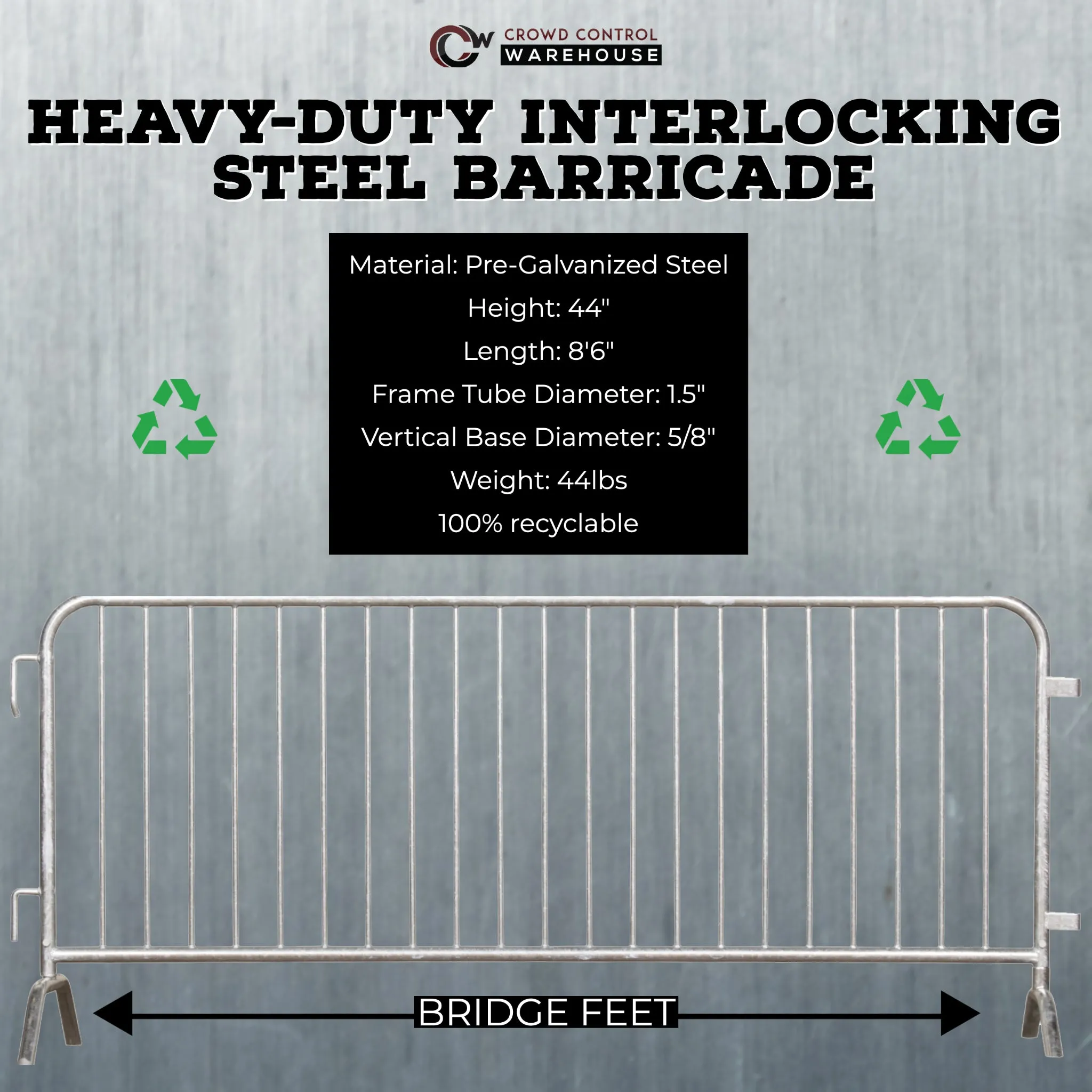 *SUPER BUY* Pack of (30) Heavy Duty Angry Bull Interlocking Steel Barricades, 8.5 Ft., with (1) Storage Pushcart