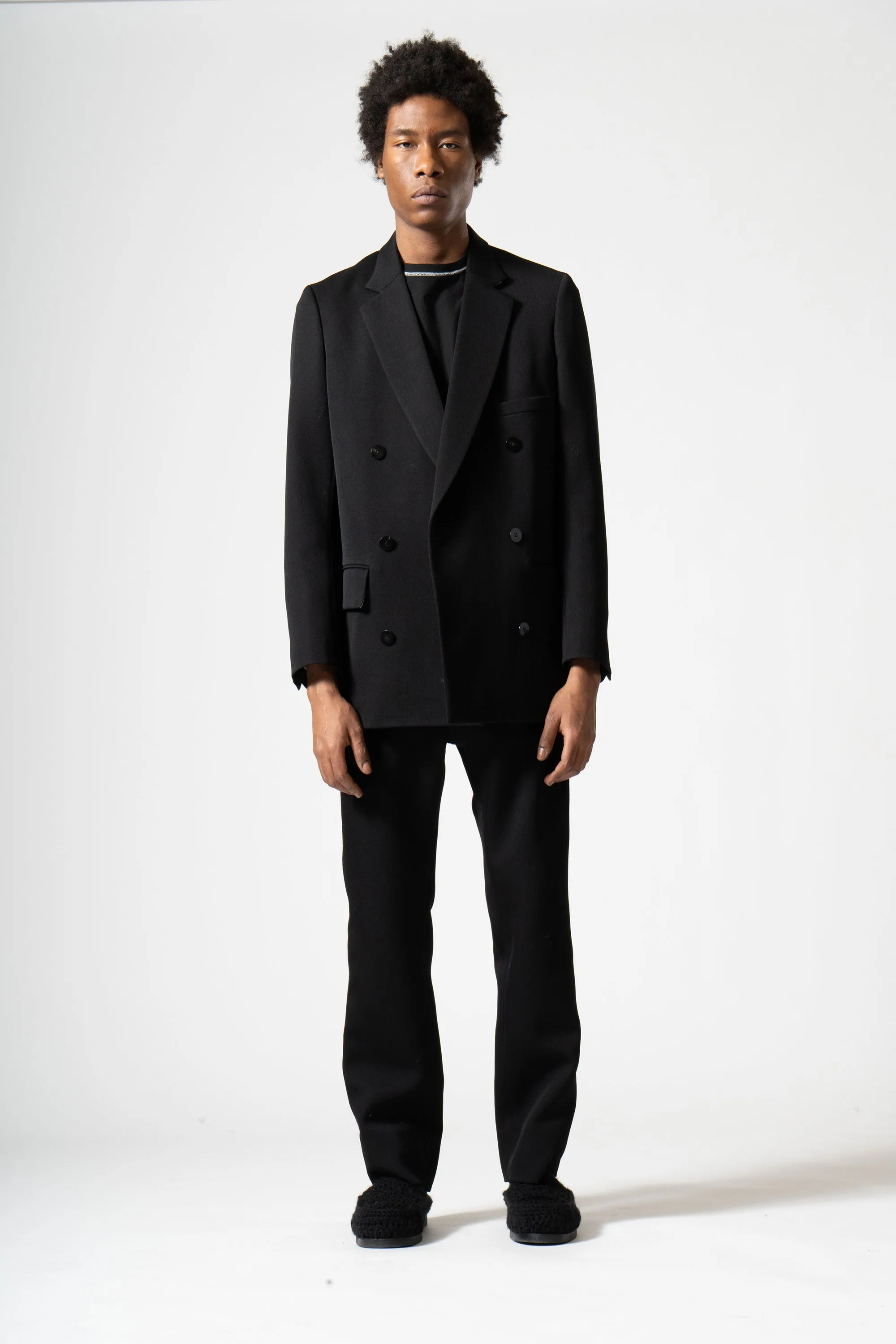 Wool Tricotine Double-Breasted Jacket in Black