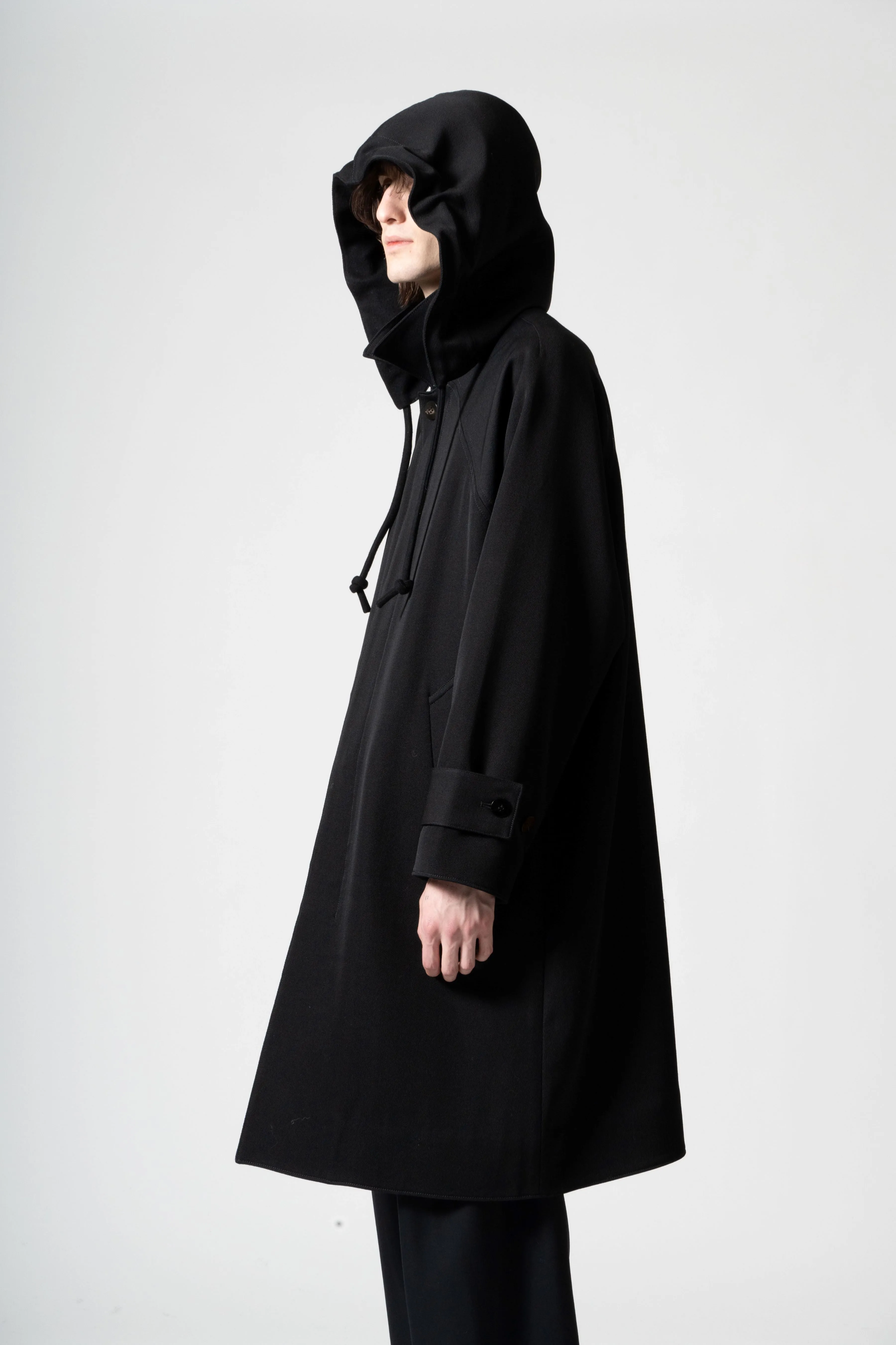 Wool Tricotine Soutien Coat with Removable Hood in Black